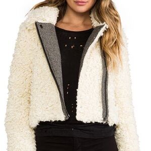 FREE PEOPLE SHAGGY SHEARLING JACKET IVORY TWEED ZIPPER DETAILS SZ LG 12/14 NWT
